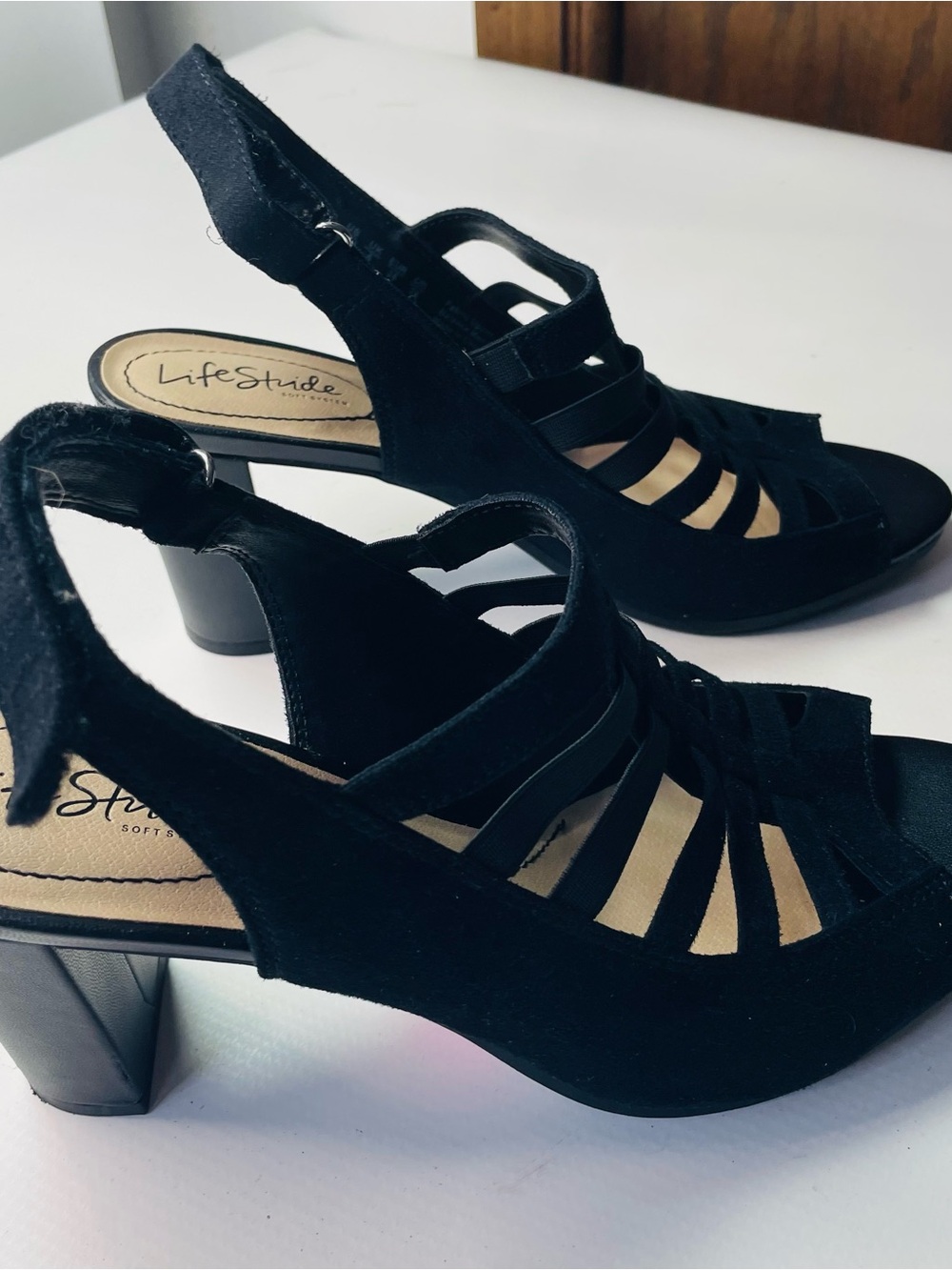 Life Stride Black Strappy Slingback Block Heels Soft System